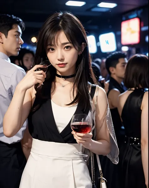 (it is) , ryoko yonekura alone at a nightclub, surrounded by blurred figures, holding a glass, pour wine on one&#39;s body, her ...