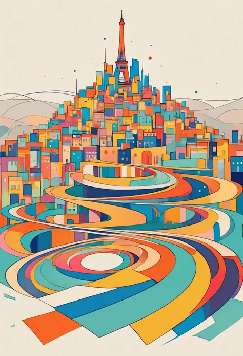 12stairs colorful style, Simple Line Initialism,Abstract art,(((Paris cityscape))), (((No people)))