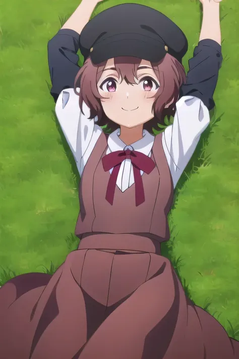 sara, solo, 1girl, looking at viewer, 2D, anime, official style, anime coloring, anime screencap, hat, school uniform, vest, ribbon, smile, high quality, blushing, solo, cowboy shot, lying, on back, on grass, arms up, spread arms, shy smile, looking at vie...