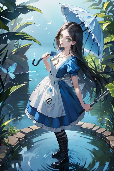 illustration alice madness retruns in anime style standing pose holding an umbrella alice with long black hair, blue dress holding a transparent umbrella over it a teapot spilling tea, At her feet a puddle of tea and some plants and blue butterflies , pose...