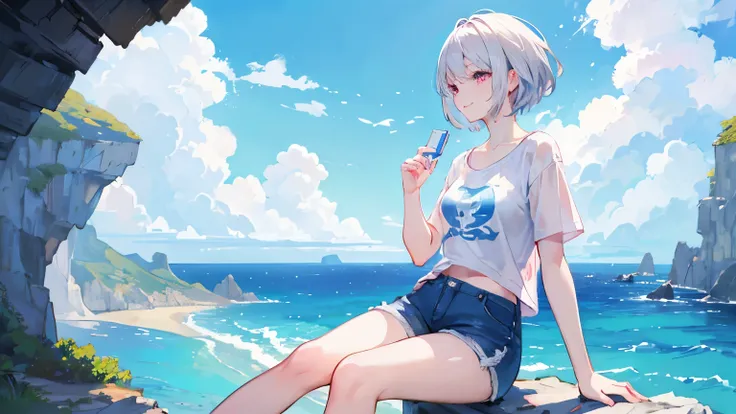 ((Highest quality)), ((masterpiece)), (detailed)、A woman with silver short hair and pink eyes（Wearing a white t-shirt and shorts）、Splash、smile、Spectacular views、Sitting on a rock and looking at the sea.、profile、Blue sky、blue sea、Panorama