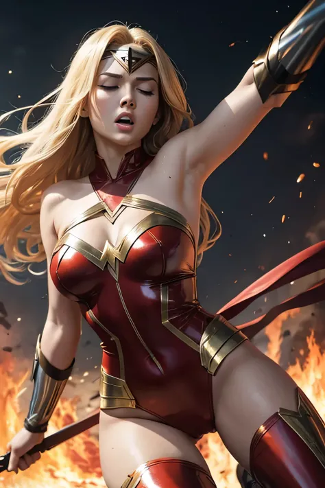 wonderwoman, long long gorgeous shine blonde hair, slender body, latex, leotard, bright red costume, ((blown away)), enveloped in heat hell, red heat, (received heat bullet), (burning air), dark red space distorted, cruelly, (painful), helpless, (screaming...