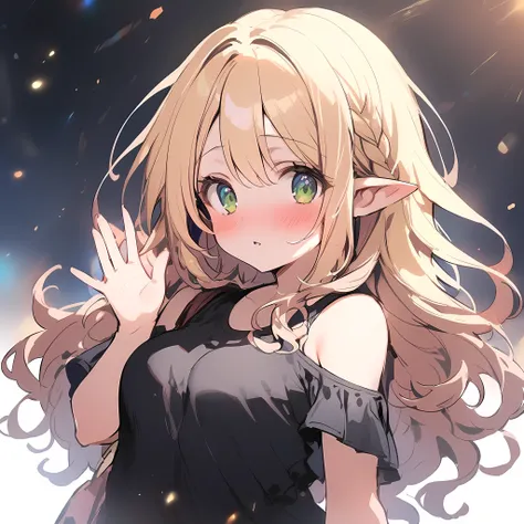 1 girl, princess connect(alisa),elf,elf_ear , (increasing the weight makes things worse),Raise the hand, Are standing, bangs, just_shoulder , blonde, green eyes, blush,long hair,uniform
