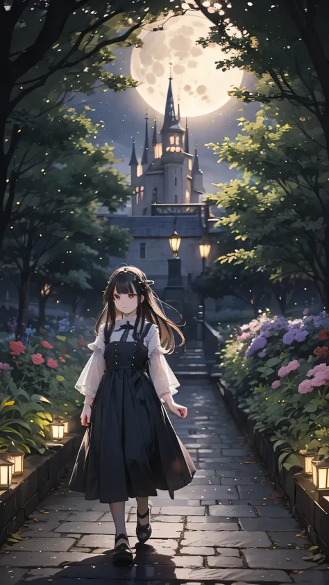 A dark-haired girl walking through a castle garden on a full moon night