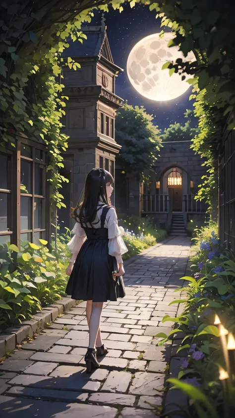 A dark-haired girl walking through a castle garden on a full moon night