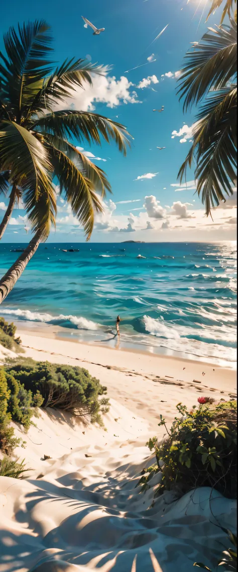 ((masterpiece, highest quality, Highest image quality, High resolution, photorealistic, Raw photo, 8K)), ((Extremely detailed CG unified 8k wallpaper)), Blue Coast, Blue ocean, white sandy beaches, palm trees lining the beach, strong sunlight, deep shadows...