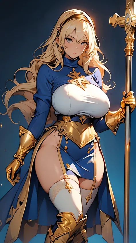 Blonde、Nuns、(Great gold gauntlet、Gold boots)、(Blue turtleneck dress、Blue tight mini skirt、White knee-high socks、Gold Garter Belt、Gold string panties )、(Huge breasts、Sideboob、Wide Hips、Thick thighs、Plump、curve、glamorous)、NSFW、Holding a giant gold cross mace