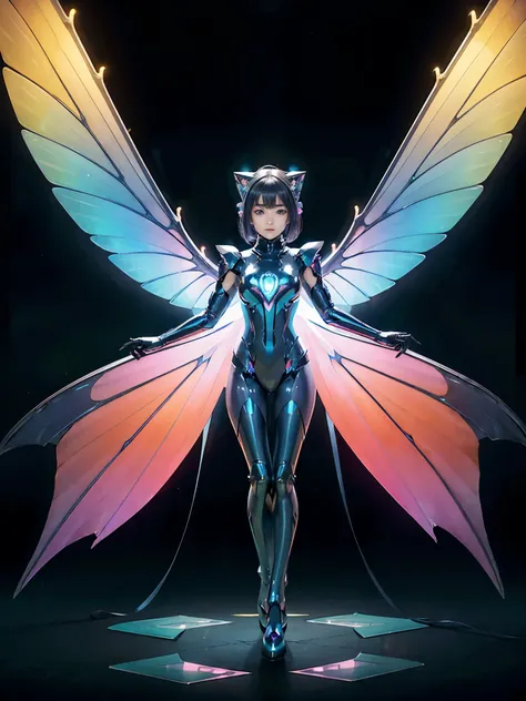 1girl, armor, wings, beautiful dragon, futuristic evolved nekomata, (neon glowing body), 2 tails, holographic, (the wings are sy...