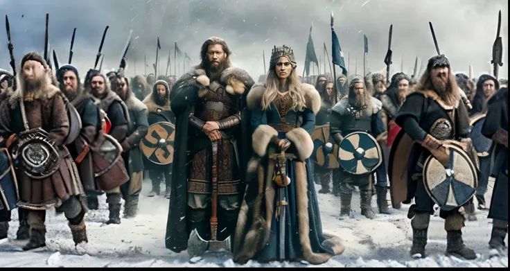 a horde of Viking warriors stand in formation, ready for battle