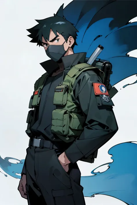 by ken sugimori, sugimori 1990s, ((only 1man)),  adult, camoflauge uniform, backpacker, survivalist, bullet proof vest, scowling...