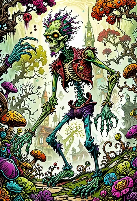 zombie with twisted limbs, immerse yourself in a colorful wonderland, magic, fantastic, fantasy art concept, steampunk, intricat...