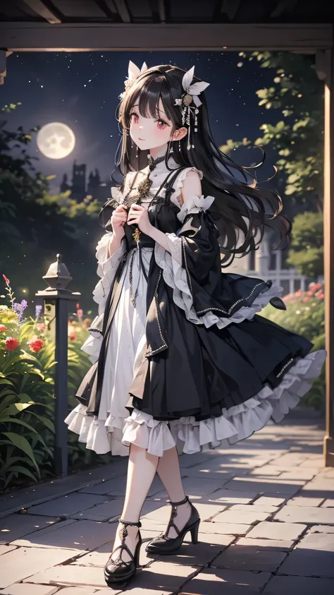 A dark-haired girl walking through a castle garden on a full moon night,(Beautifully detailed face),