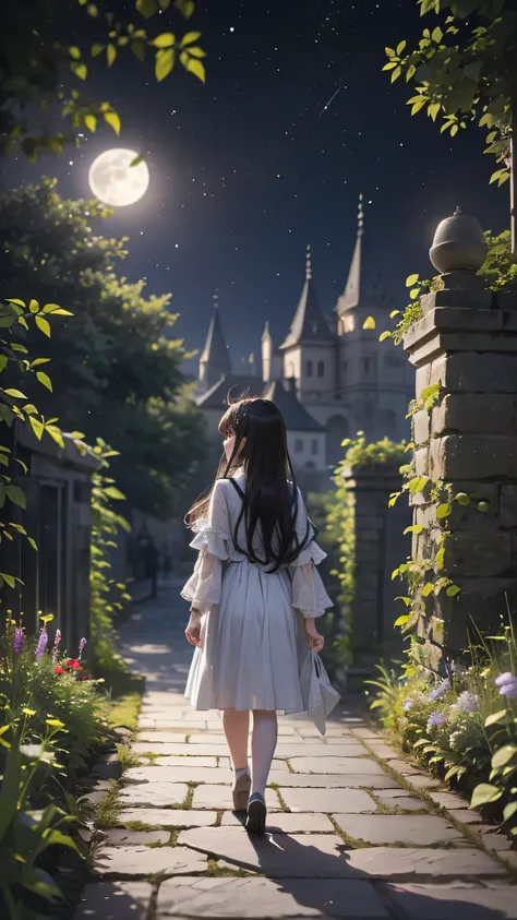 A dark-haired girl walking through a castle garden on a full moon night,