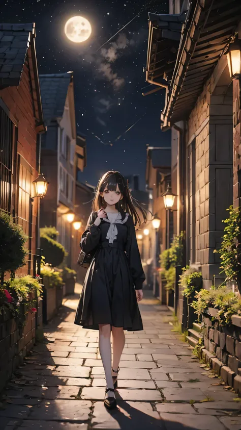 A dark-haired girl walking through a castle garden on a full moon night,