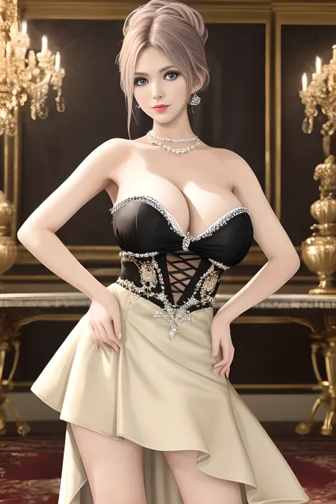 1girl is wearing an elegant black strapless dress. The perspective-dress is beautifully designed with ruching on the bodice and a cascading ruffled asymmetrical hem, adding a playful and chic touch to the outfit. The person is standing upright, with one ha...