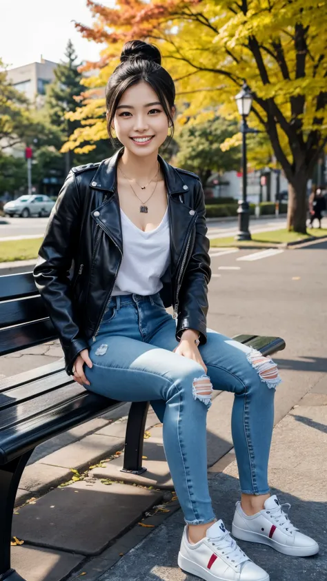 Super Resolution、Beautiful Japanese Women、Full body photo、sitting on a park bench、Black Hair、Hairstyle bun、Ear piercing、necklace、leather jacket、shirt、Skinny jeans、sneakers、smile、Beautiful teeth alignment
