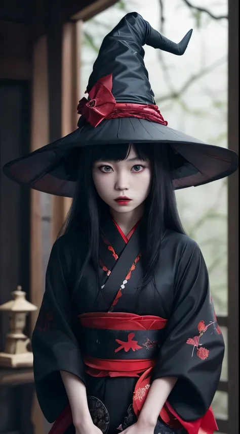 A young Japanese witch wearing a pointy witch hat and sporting a black and red gothic dress mixed with a kimono.realisitic, hyper realistic.