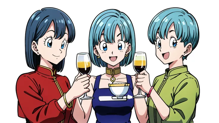 ３People Girls, ３By people, View your viewers, jewelry, Upper Body, Earrings, White background, bracelet, dress, Gold Teacup, cheers, smile, Open your mouth, cheersしている, celebration, Toast,