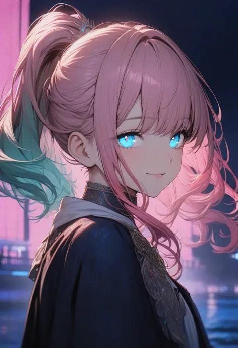 ((One Girl))、Yellow Hair、blue eyes、ponytail、White Line Gradient Hair、Bangs are straight,Detailed Background, masterpiece,Small breasts、Highest quality, smile, ornament,Portraiture, Blue Neon,, dark, night, Glowing Eyes, ブラックライトのmasterpiece, Highest quality...