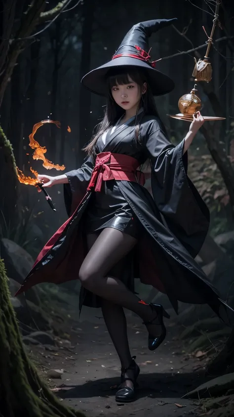 A young Japanese witch wearing a pointy witch hat and sporting a black and red gothic dress mixed with a kimono.realisitic, hyper realistic.