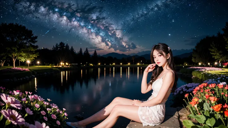 Highest quality, expensive_solve, clear_image, Detailed Background, girl, flower, garden, Starry Sky,