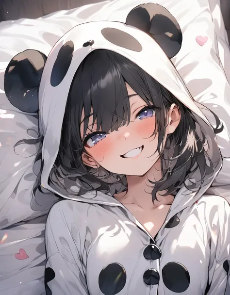 masterpiece、20 year old girl、Black Hair、short Hair、smile、(((panda pajamas, panda face hood)))、Upper body, ((lie down in bed)), heart background