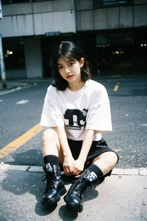 arafed woman sitting on the floor with a magazine and a pair of black boots, wearing cyberpunk streetwear, japanese streetwear, ...