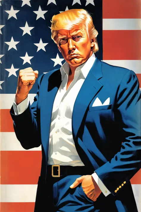 「AMERICA」The rough cover of the book (Filmotype Quaryフォント) fullbody of A man look a like mr.donald trump,navy blue suite white ,cowboyhat,ridding white muscle horse,right fist riase up,full Portrait by Robert Peake, CG Association Contest Winner, A new obj...