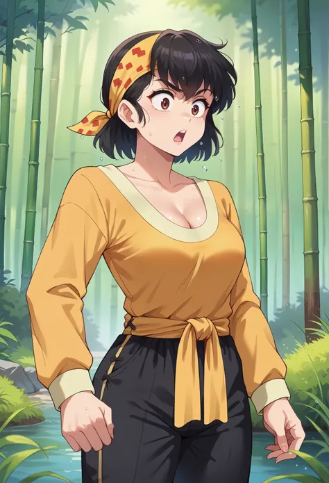 score_9, score_8_up, score_7_up, 1girl, solo, (adult:1.5), female focus, medium breasts, Ryouga Hibiki, black hair,(medium hair), bangs, brown eyes, yellow bandana, yellow shirt, long sleeves, cleavage, black pants, baggy pants, surprised, wet, close-up, l...