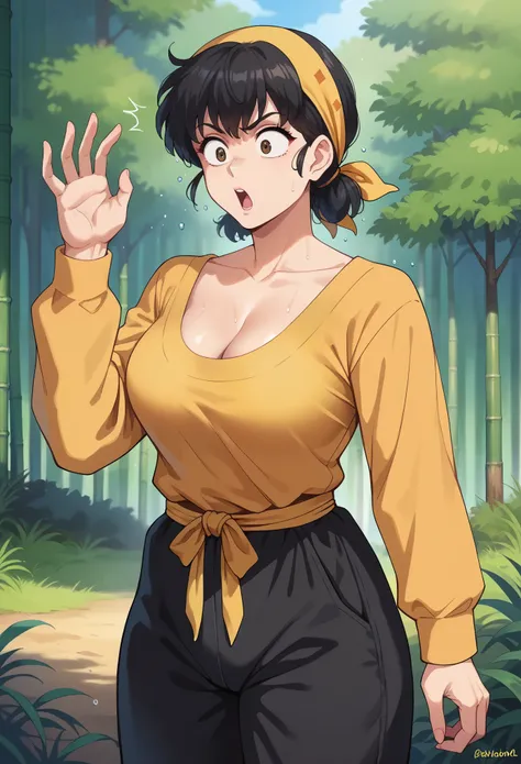 score_9, score_8_up, score_7_up, 1girl, solo, mature, female focus, medium breasts, Ryouga Hibiki, black hair,(medium hair), bangs, brown eyes, yellow bandana, yellow shirt, long sleeves, cleavage, black pants, baggy pants, surprised, wet, close-up, lookin...