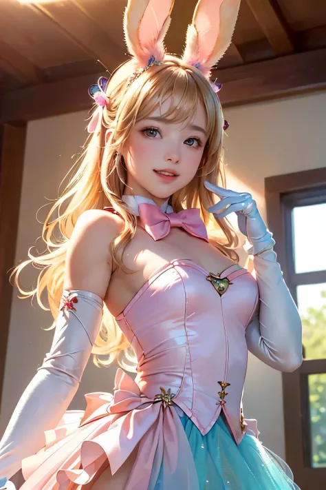 masterpiece, Highest quality, Highly detailed CG Unity 8k wallpaper, (Closeup shot of the upper body head of a beautiful girl), wendy, Elegant long straight blonde hair, (Mckenna Grace), ((Flat Chest,Thighs)), ((pink cyan)) Golden ((Sparkly tutu,long rabbi...