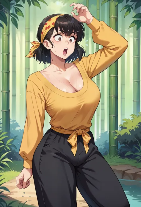 score_9, score_8_up, score_7_up, 1girl, solo, milf. female focus, Ryouga Hibiki, black hair,(medium hair), bangs, brown eyes, yellow bandana, yellow shirt, long sleeves, cleavage, black pants, baggy pants, surprised, wet, closed-up, looking down, chinese f...