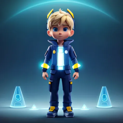 Blonde Boy、Clothing of the future、Wearing a futuristic glowing device、((Has a ratchet))、((whole body:1.2))、((Headgear installation))