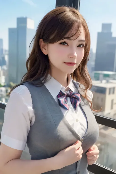 1girl, matured female, vest, bow, photorealistic, (best quality, 4k, 8k, highres, masterpiece:1.2), ultra-detailed, (realistic:1.37), detailed face, office, buildings from window, detailed background, diffused sunlight, depth of field, bokeh