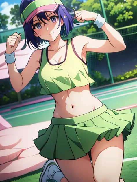 Tennis Wear　pink、Sun visor　green、Knee-high socks　white、Tennis shoes　white、Tennis court　Outdoor、Big Breasts、Belly button、Firm stomach　black tattoos、Beautiful feet、smile、Hair Color　pink、Are standing