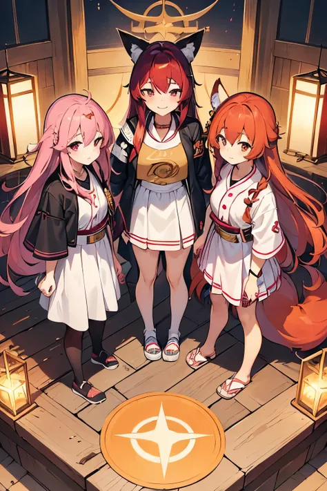 best quality,((three girls)),((trio)),1st girl has(pink hair,long hair,red eyes,baseball uniform),2nd girl has(red hair,long hair,black eyes,black leather jacket),3rd girl has(gold hair,long hair,fox ears,orange eyes,shrine maiden clothes)