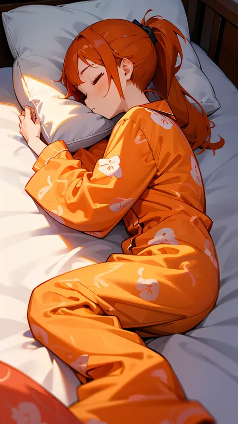 One Girl、solo、Bright orange hair、ponytail、Shrimp patterned pajamas、Bedroom、pillow、pillow、Peaceful sleeping face、Get a good nights sleep