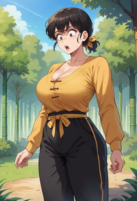 score_9, score_8_up, score_7_up, 1girl, solo, (milf), female focus, Ryouga Hibiki, black hair,(medium hair), bangs, brown eyes, yellow bandana, yellow shirt, long sleeves, cleavage, black pants, baggy pants, surprised, wet, closed-up, looking down, chinese...