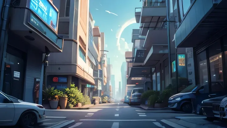 Sci-fi future city、In a crowded city、Clear sky、There is a sidewalk、up、From below、Street Corner、