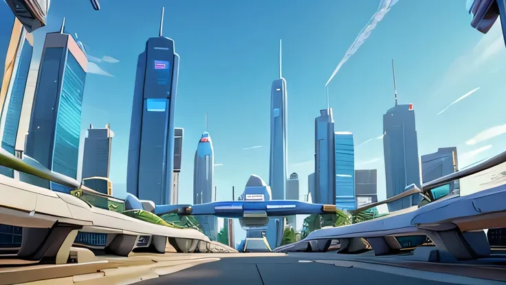 Sci-fi future city、In a crowded city、Clear sky、Daytime view、There is a sidewalk、up、From below、