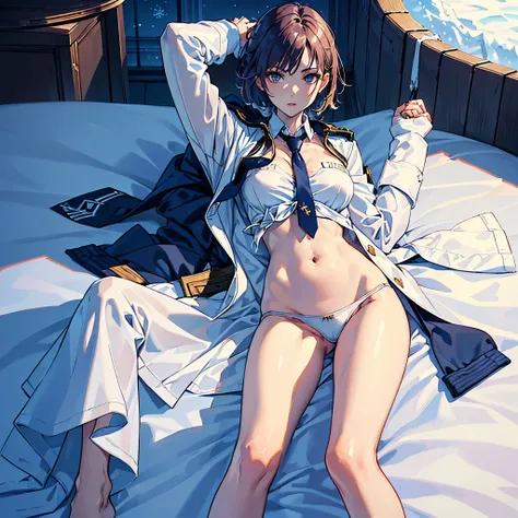 masterpiece,(Perfect Anatomy:1.5), highest quality, 1 lady , slender, leggy, Seductive, (wear a white long sleeved shirt, tie, navy officer winter jacket:1.5), white bikini pantie , barefoot, Perfect hands, Perfect body, reclining, lying on a sofa, leg up ...