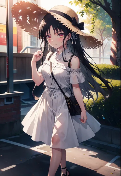 Suzune Horikita, suzune horikita, Long Hair, Black Hair, (Red eyes:1.3), Hair Ribbon, Braiding,blush,smile,Straw hat,Cold Shoulder Shirt,Short sleeve,Long skirt,Cute heeled sandals,Walking,whole bodyがイラストに入るように,
break outdoors, Building district,
break loo...