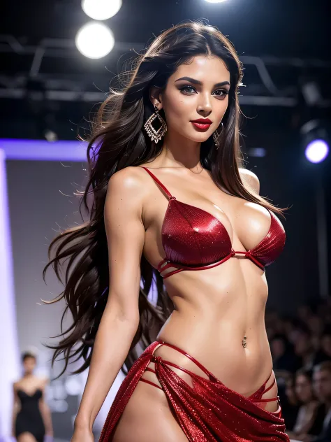 Ultra HD resolution，artistic photos，Professional Photography，Dark LED Background ((21 year very sexy super model on a stage doing a ramp walk, earrings, long brunette messy hair, medium breasts:1.1cold ultra realistic skin, wearing very sexy body covers)),...