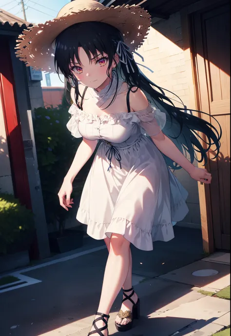 Suzune Horikita, suzune horikita, Long Hair, Black Hair, (Red eyes:1.3), Hair Ribbon, Braiding,blush,smile,Straw hat,Cold Shoulder Shirt,Short sleeve,Long skirt,Cute heeled sandals,Walking,whole bodyがイラストに入るように,
break outdoors, Building district,
break loo...