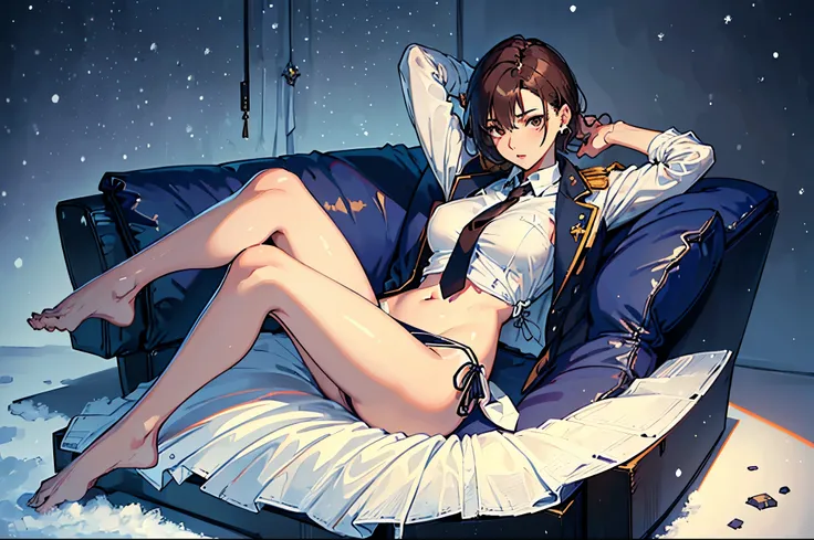 masterpiece,(Perfect Anatomy:1.5), highest quality, 1 lady , slender, leggy, Seductive, brown hair, (wear a white long sleeved shirt, tie, navy officer winter jacket:1.5), white bikini pantie , barefoot, Perfect hands, Perfect body, reclining, lying on a s...