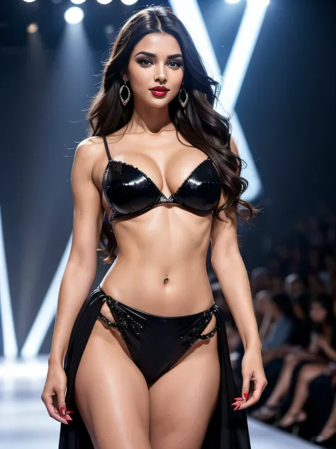 Ultra HD resolution，artistic photos，Professional Photography，Dark LED Background ((21 year very sexy super model on a stage doing a ramp walk, earrings, long brunette messy hair, medium breasts:1.1cold ultra realistic skin, wearing very sexy body covers)),...