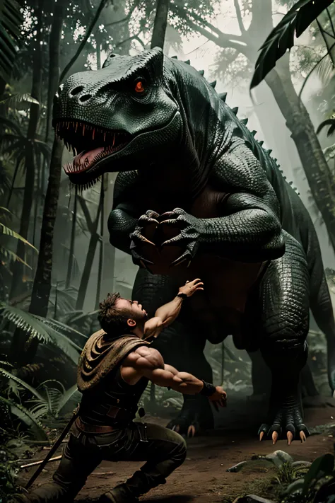 
"A massive, menacing dinosaur holds Thor in its mouth, with Thor struggling and sparking in pain. The scene is set in a dense, prehistoric jungle, filled with tension and danger."