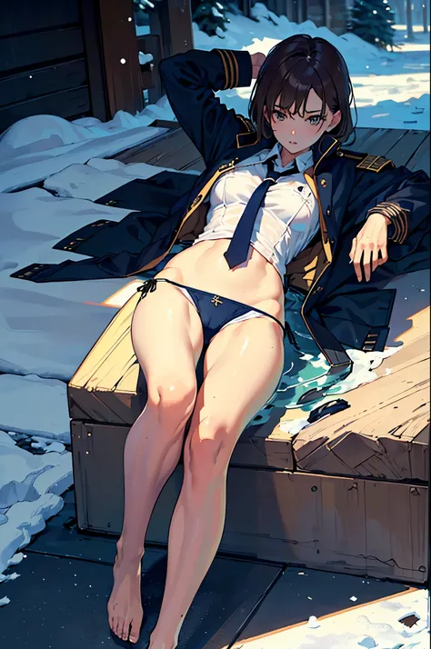 masterpiece,(Perfect Anatomy:1.5), highest quality, 1 lady , slender, leggy, Seductive, brown hair, (wear a white long sleeved shirt, tie, navy officer winter jacket:1.5), white bikini pantie , barefoot, Perfect hands, Perfect body, reclining, lying on a s...