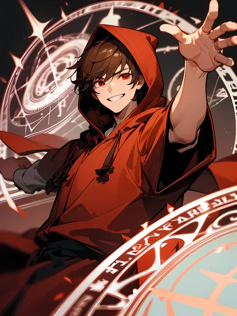 solo, upperbody, 30 years old, young man,wearing a hood, red hoodie, brown short hair, red eyes, red mage robe, magic chanting pose, grin, magic circle,(white simple background),