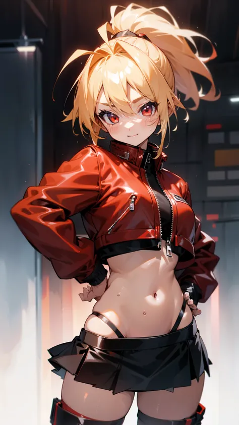 one girl、solo、shiny blonde hair、ponytail、red eyes full of joy、ahoge、wearing a red leather jacket、inside the jacket is wearing a ...